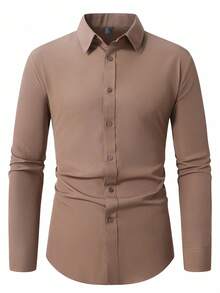 Calvornis Áo sơ mi nam tay dài đơn hàng khuy đơn màu, thường ngày/công sở, dành cho mùa thu, phong cách cổ điển - Cà phê nâu - Xem 3