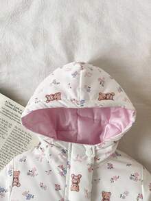Baby Girls' Oversized Bear Print Hooded Zip-Up Jacket Fall Winter - Pink - View 5