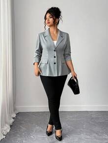 Elenzga 大码女装优雅通勤热销面料灰色提花设计公主线缝腰部开叉A字形仿口袋长袖简约百搭多场合舒适面料独特风格高性价比 - 灰色 - 查看 6