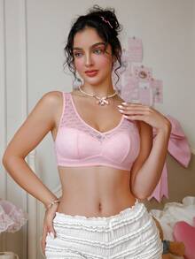 PetitDoll 女士纯色甜心领刺绣蕾丝文胸 - 粉色 - 查看 1