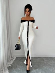 Elenzga Đầm Maxi Maxi Thanh Lịch, Dáng Rộng, Màu Khối, Hở Vai, Dệt Kim Gân, Thời Trang Dự Tiệc Thu/Đông 25-30+ Cho Nữ - Màu be - Xem 3