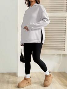 SHEIN Áo nỉ trùm đầu xẻ tà đơn sắc dành cho bà bầu, màu xám nhạt - Xám - Xem 7