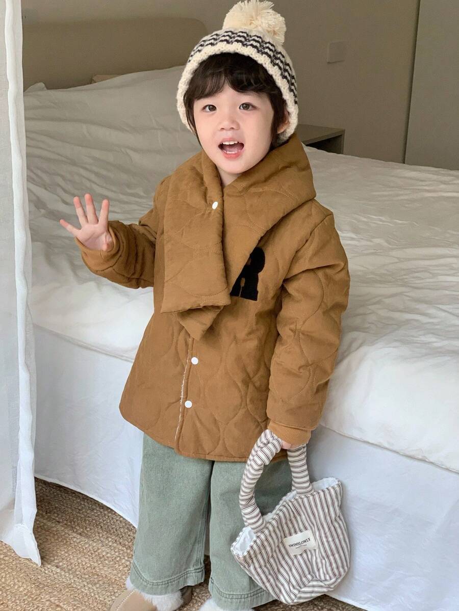 SHEIN 1 Áo khoác chần bông dày thời trang cho bé trai, Áo khoác đệm dáng rộng cho bé trai kèm khăn quàng, Áo khoác ngoài bằng cotton có đệm cho bé trai, Áo khoác mùa đông cho bé trai - màu nâu - Xem 1