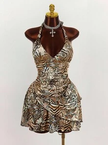 Amplova Plus Size Animal Print Knotted Backless Mini Bodycon Dress - Multicolor - View 3