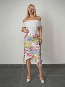 Sweetina Falda ajustada con abertura, dobladillo asimétrico y cordón para mujer - Verde - Ver 3