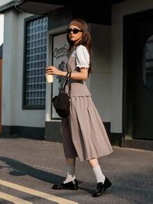 Hanevo 2pcs/Set Teen Girl Office Style White Patchwork Apricot Short Sleeve Pleated Maxi Dress, Spring/Summer - Khaki - View 7