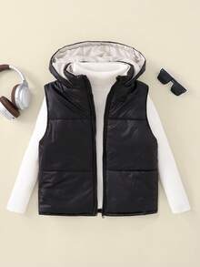 少女黑色撞色休闲连帽无袖绗缝背心，2025秋冬季返校季大学校园运动服。黑色背心，冬季背心，秋季款。 - 黑色 - 查看 3