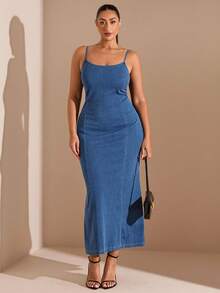 SHEIN BAE Plus Size Sexy Bodycon Denim Slip Dress, Blue - Blue - View 1