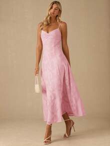 Enchnt 女士优雅褶皱胸围纹理露背吊带连衣裙 - 珊瑚粉 - 查看 3
