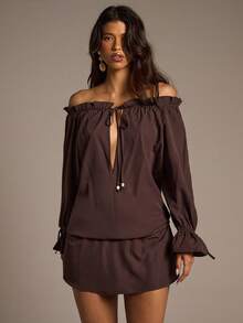 Aloruh Women's Off Shoulder Mini Dress With Puff Sleeves, Ruffle Hem, Bow & Beaded Decor, Bohemian Style Halloween Costumes Goth Dress Halloween Fall Winter Clothes For Women Fall Women Clothes Halloween Clothes Fall Clothes Halloween Clothes For Women Fall Outfits For Women Christmas Party - Brown - View 7