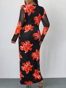 Firerie Vestido de malla de manga larga con volantes y estampado floral elegante y romántico, adecuado para principios de otoño, talla grande - Rojo - Ver 2