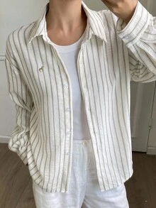 DAZY Women's Loose Striped Embroidered Long Sleeve Collared Casual Elegant Blouse, Spring/Autumn - Pink - View 3