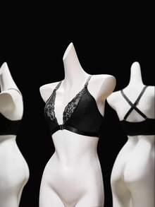 SHEIN Elacene Women's Solid Color Lace Patchwork Sheer See-Through Front Closure Bra - Black - View 6