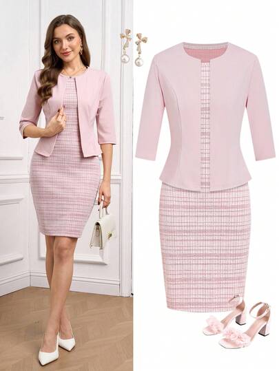 Ellevyn 2pcs Women Elegant Floral Print Bodycon Dress And Pink Mid-Sleeve Knit Cardigan Set, Suitable For Date, Commute, And Everyday Wear Pink Outfits For Women Church Outfits For Women Business Casual Woman    Teacher Outfits For Women   Fall Women Clothes  Fairycore  Autumn Suit  Fall Clothes For Women  Dresses For Women Elegant   Business Casual Outfits Women  Women's Formal Wear  Pink Suit