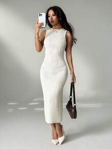 SHEIN PETITE 休闲女式杏色针织纹理紧身连衣裙，娇小友好型高级版 - 白色 - 查看 5