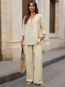 EMERY ROSE 2件套女士休闲宽松长袖上衣和裤子套装 - 卡其色 - 查看 8