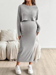 SHEIN 孕妇纯色圆领短袖上衣和裙子两件套