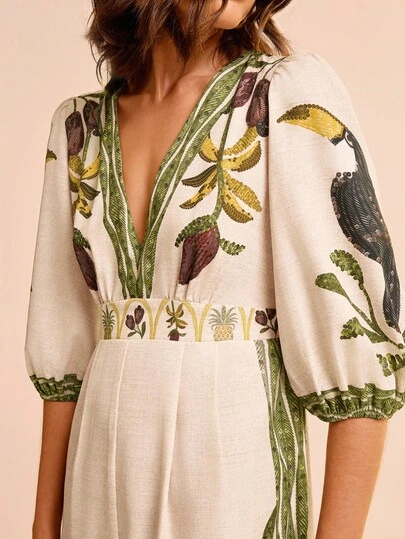 CAJUNI Women's Vacation Apricot Linen-Like Fabric Parrot, Pineapple, Tropical Fruit & Floral Print V-Neck Puff Sleeve Cinched Waist Harem Pants, Summer Vacation Beach Party Casual Jumpsuit