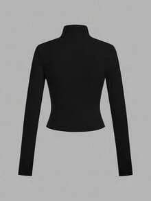 SHEIN EZwear 2 件白色和黑色马标志图案针织拉链长袖 T 恤，适合秋冬季分层、休闲和运动，适合返校 - 彩色 - 查看 6