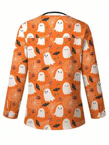 PopScrub 夏季时尚夹克，卡通幽灵、南瓜、蜘蛛网、蝙蝠图案印花，休闲女式护士服夹克，万圣节服装 - 彩色 - 查看 2