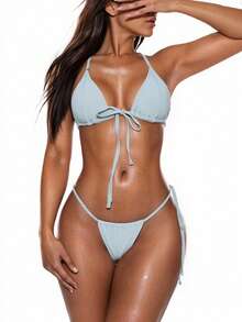 Swim Basics Summer Beach Knot Detail Halter Triangle Bikini Set - Light Grey - View 6