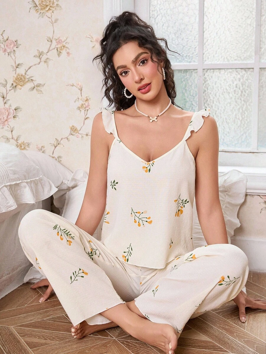 CottageSlumber Chiffon Yellow Floral Print Romantic Ruffle Trim Camisole & Pants Pajama Set Sleepwear Sets For Women Women Pajama Sets Summer Lounge Sets For Women Floral Pajama Sets Summer Pajama Sets For Women  Cozy And Elegant Details - Apricot - View 1
