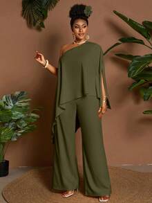 Maweii 夏季不对称下摆宽松休闲度假通勤加大码两件套，黄色 - 綠色 - 查看 4