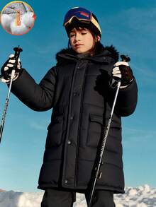 SHEIN 1pc Tween Boy Black Winter Casual School Back-To-School Mid-Length Padded Coat,Fur Strip Decoration Contrast Color Thick Lining Retro Sports Jacket - Black - View 5