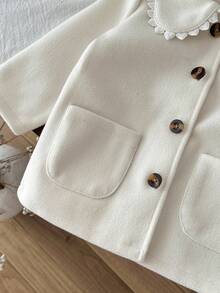 SHEIN 女婴幼儿新生儿0-3岁秋冬休闲优雅不对称领蝴蝶结大衣 - 杏色 - 查看 6