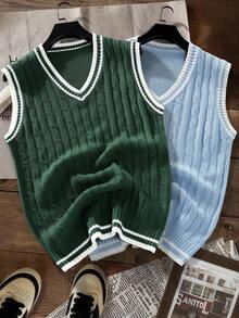 Manfinity Hypemode Men's Casual Daily Collegiate Striped Trim Cable Knit V-Neck Sweater Vest, Old Money, Fall Winter Clothes - Multicolor - View 7