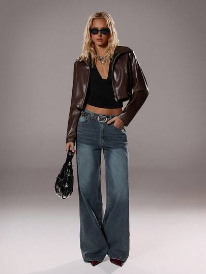 TRNVIE Cropped Leather Zip-Up Jacket