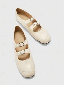 CUCCOO BIZCHIC New Lacquered Square Toe Flat Shoes For Office Commute, Spring/Autumn - Beige - View 9