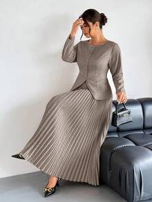 Firerie Plus Size Women Commuter New Faux Pocket Decor Boat Neck Khaki Valentine Office Chic Commuter Elegant High Street Long Sleeve Spring Autumn Blazer Jacket And Pleated Skirt Two Pieces Set Fall Clothes For Women Winter Clothes For Women New Fall Fashion Women