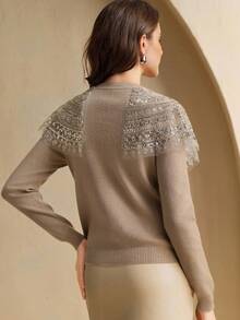 Anewsta Elegant Women's Beaded Collar Floral Embellished Sweater - Khaki - View 2