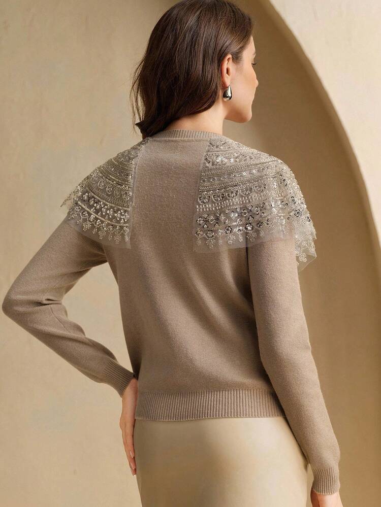 Elegant Women's Beaded Collar Floral Embellished Sweater