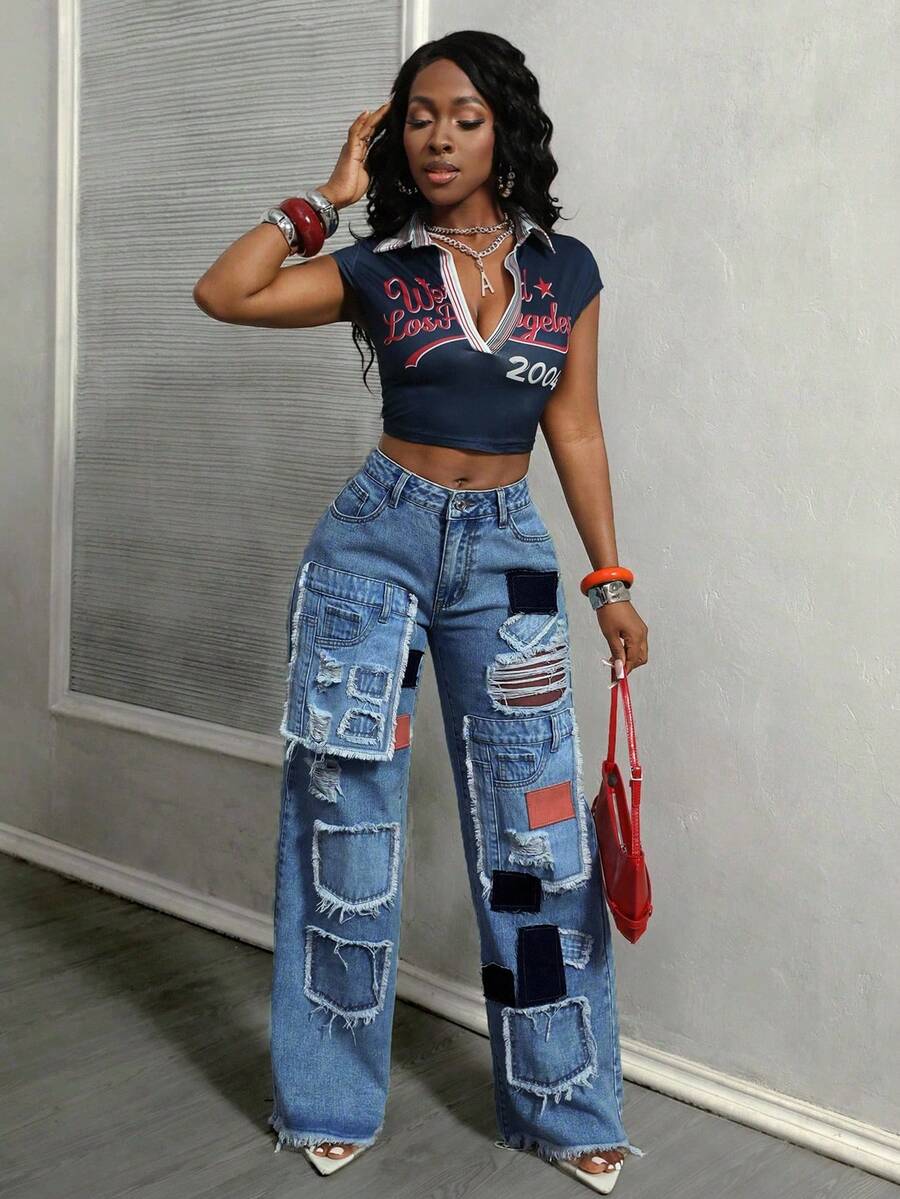 BamGleam 女士时尚街头拼布磨边口袋做旧宽松阔腿牛仔裤 - 中等水洗藍 - 查看 1