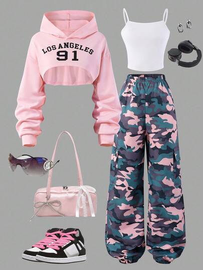 Sparklyn 3pcs/Set Camouflage Pattern Sweatshirt Top & Camisole & Drawstring Hem Casual Pants Set For Teenage Girls, Suitable For Spring/Autumn Daily Wear Fall Winter