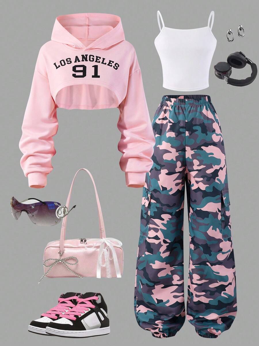 Sparklyn 3 件套迷彩图案运动衫上衣、吊带背心和抽绳下摆休闲裤套装，适合少女春秋季日常穿着