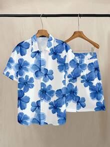 Manfinity Homme 中国风青花瓷芙蓉花满版修身男士短袖衬衫套装 - 藍色 - 查看 2