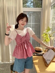 DAZY 2 件套女式格子休闲扭纹荷叶边吊带衬衫套装秋冬