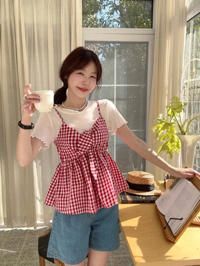 DAZY 2pcs Women's Plaid Casual Twist Ruffle Strap Shirt Set Fall/Winter Lounge Sets For Women Cute Tops