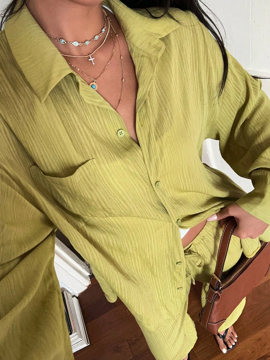 Sunnyshic 女士休闲亚麻混纺宽松纽扣衬衫和阔腿裤两件套,适合度假和日常穿着,秋冬季 - 軍綠色 - 查看 1