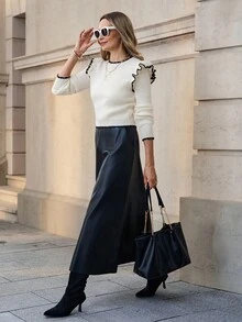 Solivie Suéter ajustado con volantes y ribete de contraste negro, primavera/otoño - Albaricoque - Ver 6