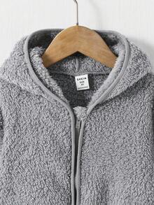 SHEIN Young Boy Casual Hooded Fleece Jacket Fall Winter - Light Grey - View 3