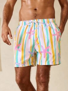 Manfinity Swimmode Men's Starfish Striped Drawstring Waist Pocket Beach Shorts - Multicolor - View 7