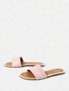 Styleloop Sandalias planas cómodas de punta redonda con bordado floral en lino beige - Rosa - Ver 3