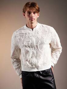 FeverCity 男士花卉印花拉链休闲棒球夹克，秋冬 - 米色 - 查看 4