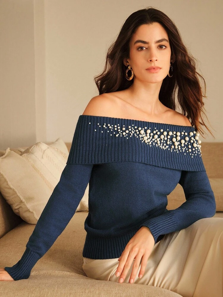 Suéter Pullover de Manga Longa com Ombros à Mostra, Contas e Pérolas Falsas para Mulheres