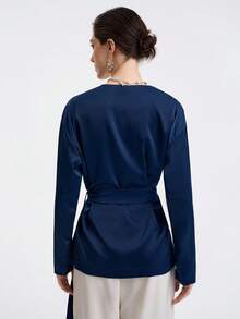 Aalyst Áo khoác cardigan dài tay cổ chữ V cao cấp, thời trang thanh lịch, phong cách retro, quyến rũ, giản dị, có thắt lưng, khóa eo, chất liệu satin trơn - Màu xanh hải quân - Xem 2