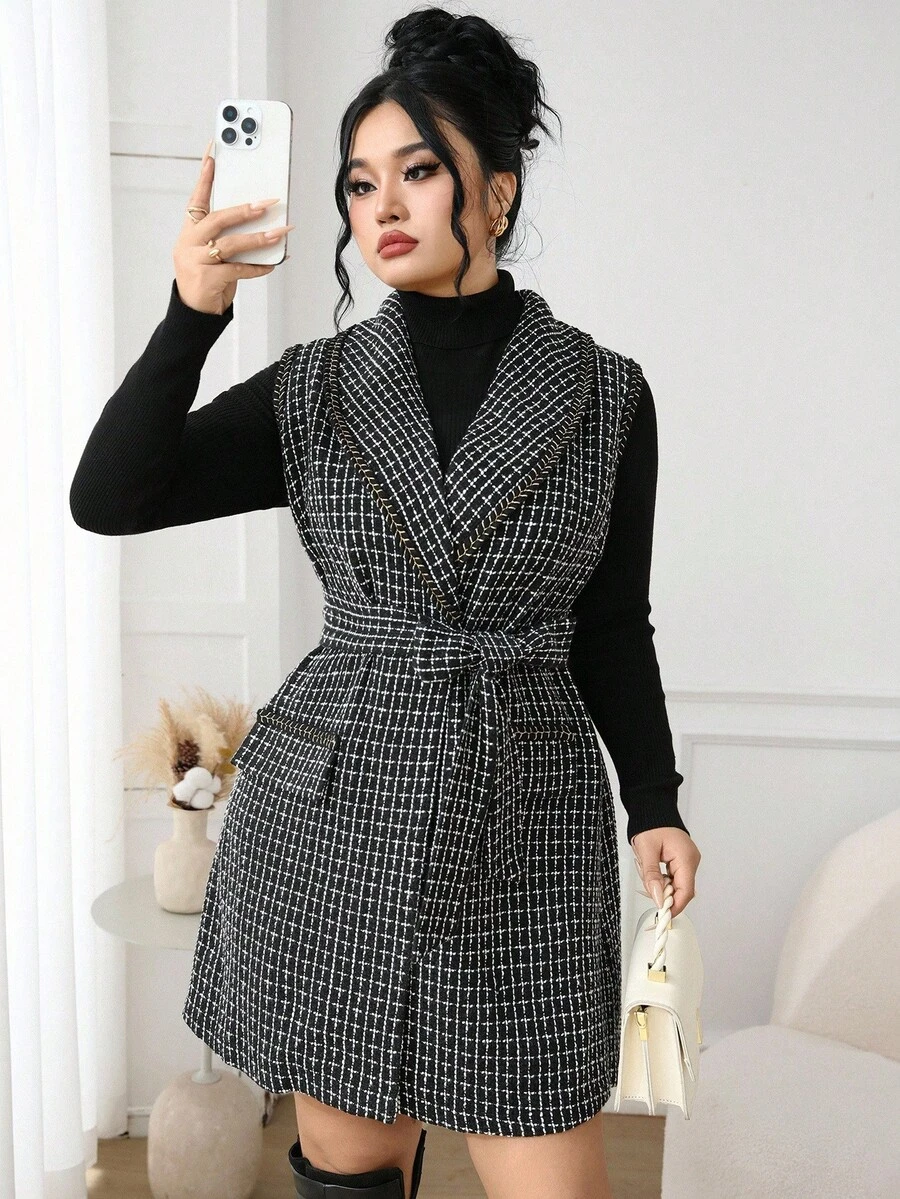 Modelyn 大码女式格子无袖披肩领优雅夹克,秋冬厚羊毛面料 - 黑與白 - 查看 1
